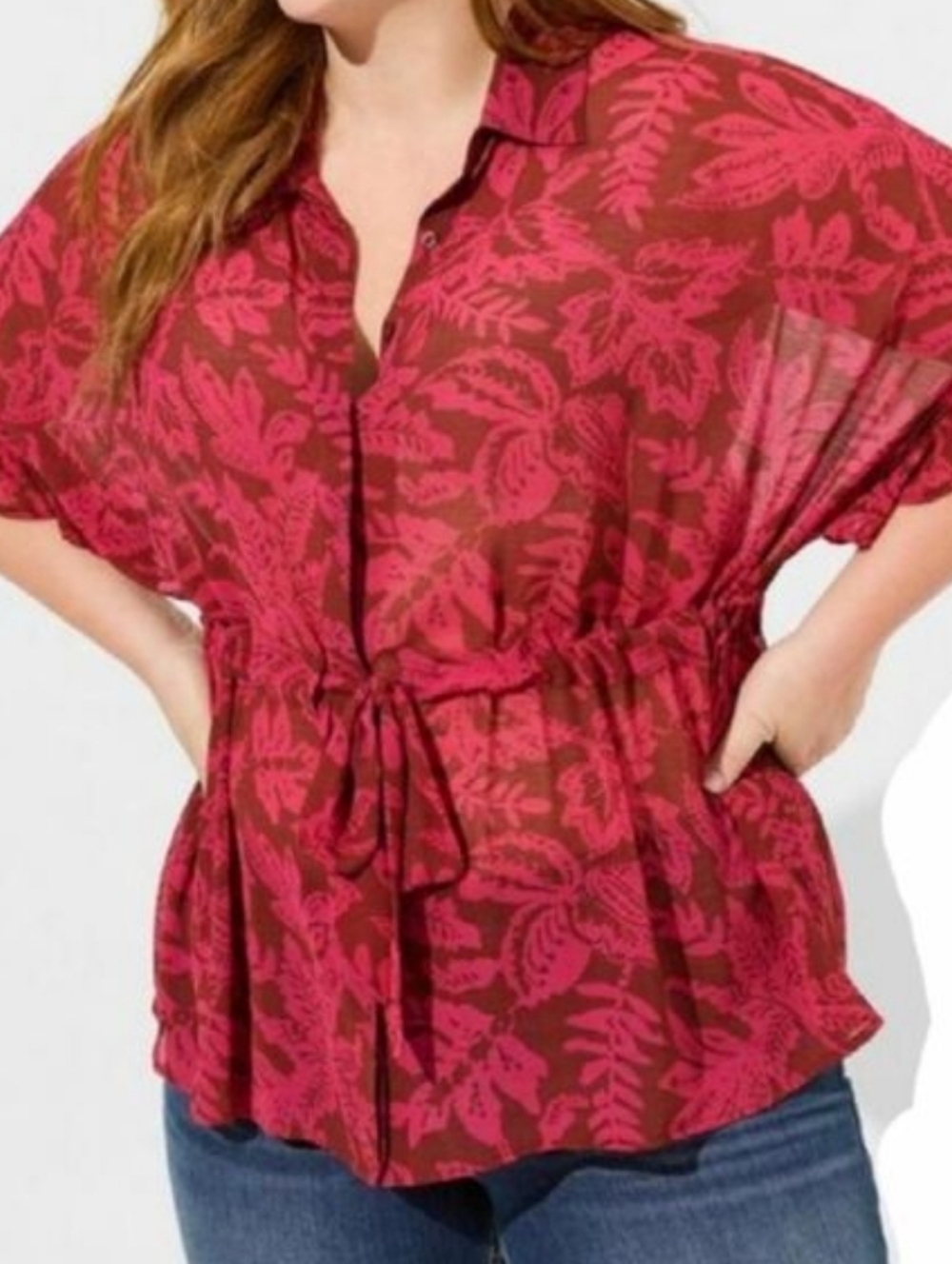 Torrid Chiffon Button Front Top Plus Size 2X Pink Cinch Waist Ruffled Semi-Sheer